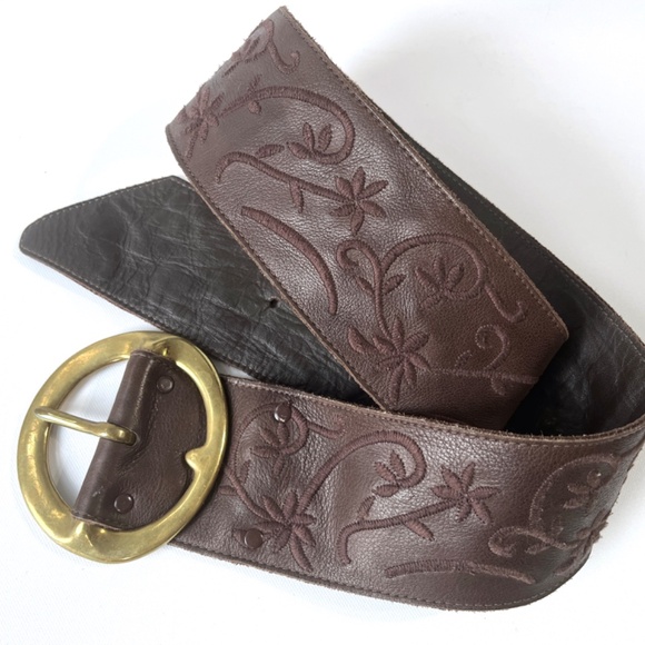 Vintage B-LOW the Belt 34in Oversized Brass Buckle Wide Leather Floral Stitching main image 8